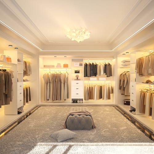 Armocity 120 Inches Closet System, 10FT Walk In Closet Organizer with 3 Shelving Towers, Heavy Duty Clothes Rack with 3 Drawers, Built-In Garment Rack, 120" L x 16" W x 75" H, Load 1300 LBS, White Oak