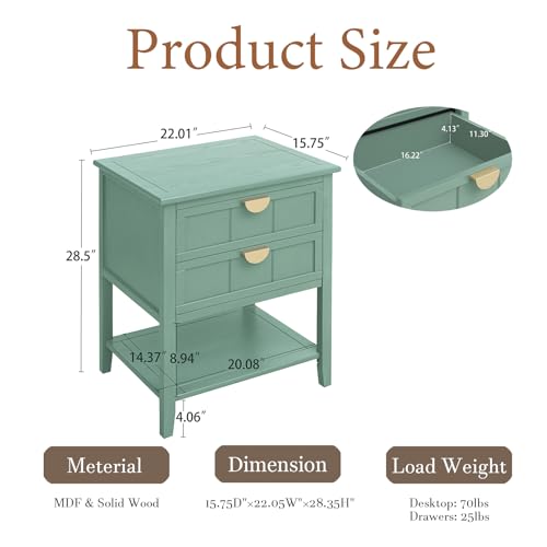 Small Nightstand End Table - Bedside Table with 2 Drawers, Wood Night Stand with Storage Shelf, Narrow End Tables for Bedroom (Green Set 1)