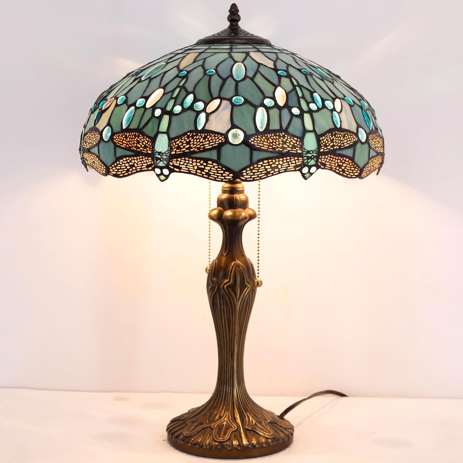 WERFACTORY Tiffany Lamp Sea Blue Stained Glass Bedside Table Lamp Dragonfly Style Desk Reading Light Metal Base 16X16X24 Inches Decor Bedroom Living Room Home Office S147 Series