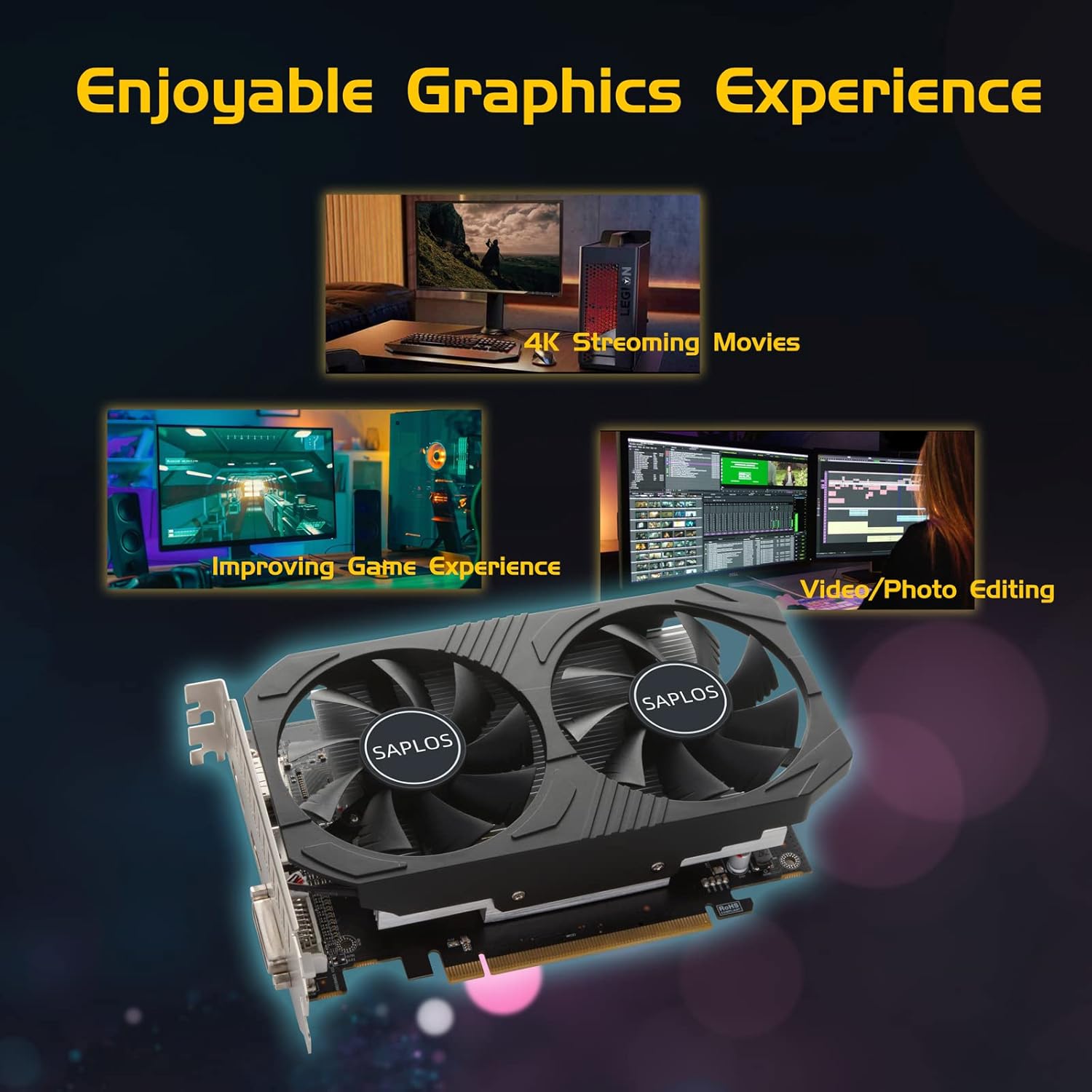 SAPLOS Radeon RX 560 Graphics Card, 4GB, GDDR5, 128 Bit, DisplayPort/HDMI/DVI-D, GPU, Computer Video Cards for Gaming PC, Dual Fans, PCI Express x 8