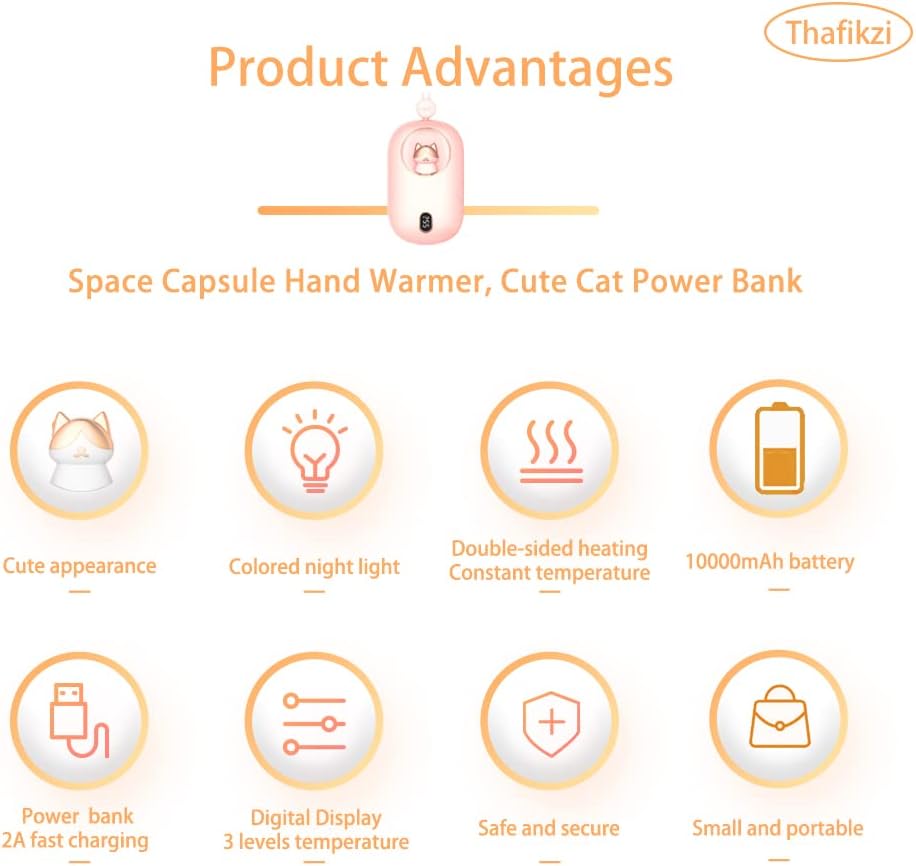 10000mAh Portable Power Bank Hand Warmer Rechargeable Hand Warming Power Bank 3 Heat Levels Double-Sided Heating with Digital Display Heater Quick Charge Mobile Power Colored Lights 3 in 1 (Pink)