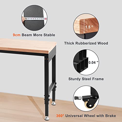 VEVOR 60" Adjustable Workbench, Heavay Duty Workstation 2000 LBS Load Capacity, with Power Outlets & Rubber Wood Top & Metal Frame & Foot Pads, for Workshop Office Home Garage