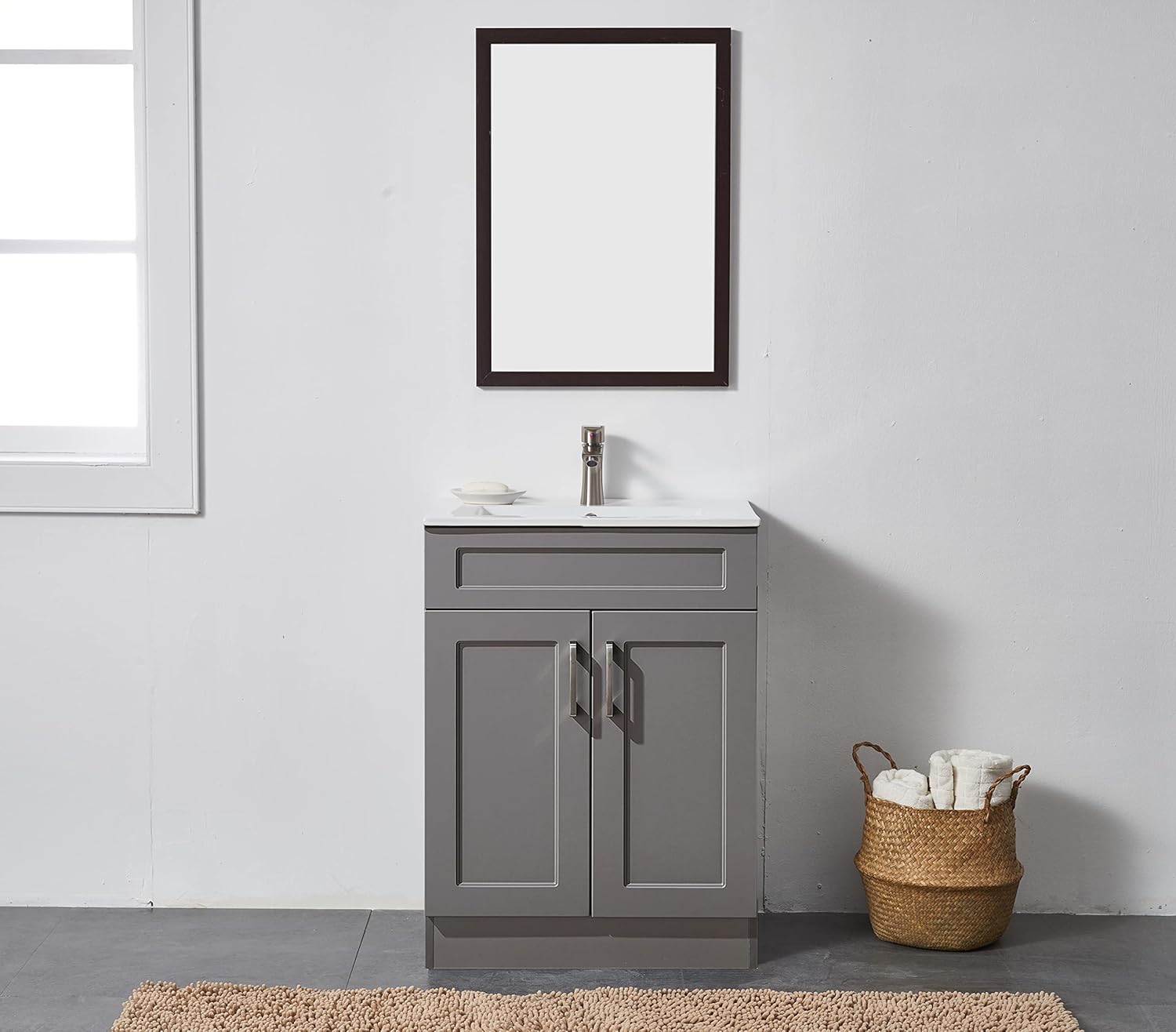 24 Inch Bathroom Vanity, Small Bathroom Vanity with Sink, Gray Bath Vanity Sink Set, Bathroom Vanity Cabinet with White Ceramic Vessel Basin Top