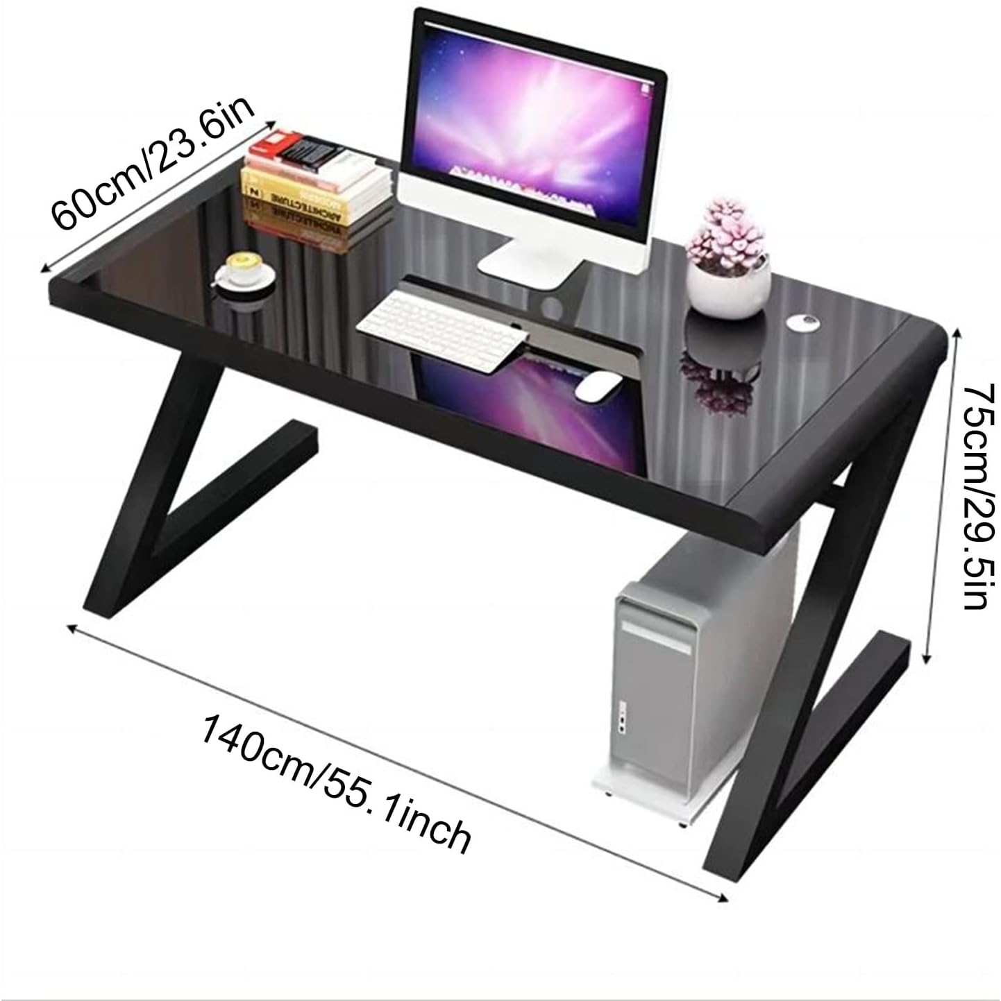 Modern Z-Shape Computer Desk with Keyboard Tray Tempered Glass Large Office Desk Study Writing Desk Easy to Install Computer Workstation for Home Office(Black+White,55.1 * 23.6'')