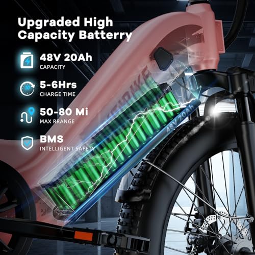 1500W Motor Peak Electric Bike for Adults and Teenagers, 48V 20AH Removable Battery Step Thru EBike, 30+MPH, 80 Miles Max Range, 24" Fat Tire Adult Electric Bicycles for 7 Speed