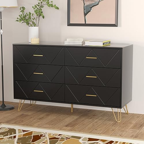 LYNSOM White Dresser, Modern Dresser for Bedroom, 6 Drawer Dressers with Wide Drawers and Metal Handles, Storage Chest of Drawers for Living Room Hallway Entryway
