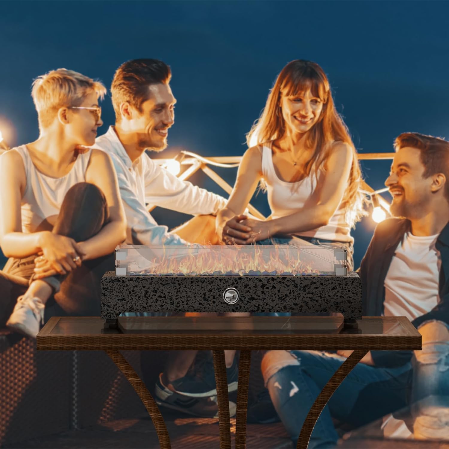 COSIEST 28" Tabletop Fire Pit, Outdoor Propane Fire Pit Table w Magnesium Oxide Rectangle Base, 40,000 BTU Stainless Steel Burner, Glass Rocks, Glass Wind Guard, Fits 20lb Tank Outside