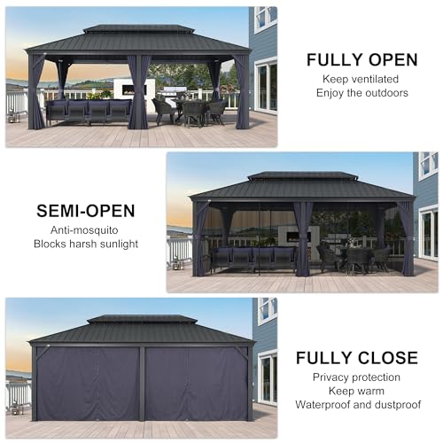 PURPLE LEAF 10' X 14' Permanent Hardtop Gazebo Aluminum Gazebo with Galvanized Steel Double Roof for Patio Lawn and Garden, Curtains and Netting Included, Grey