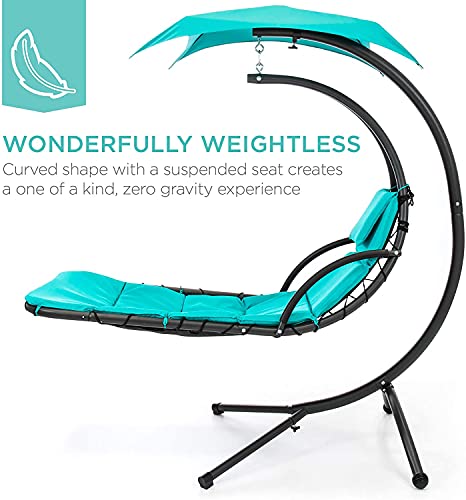 Outdoor Hanging Curved Steel Chaise Lounge Chair Swing w/Built-in Pillow and Removable Canopy, Teal (Navy Blue)