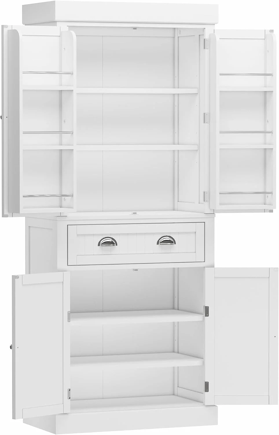 ChVans 72" Tall Kitchen Pantry with 4 Doors, Storage Cabinet with 1 Large Drawer 6 Hanging Shelves, Freestanding Cupboard for Dining Room Living Room(White)