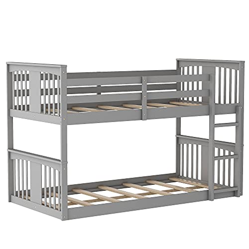 Harper & Bright Designs Twin Over Twin Low Bunk Bed with Headboard and Footboard, Wooden Bunk Bed with Ladder, for Toddlers Kids Boys Girls - White