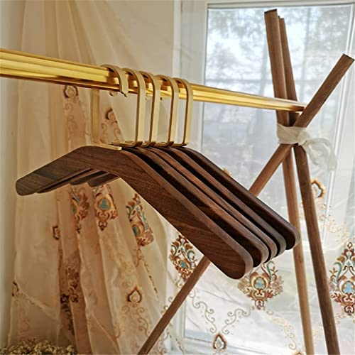 Solid Wood Hangers Brass Hooks Home Clothing Store Display Special Care Wardrobe with Black Walnut Seamless Clothes (A 5Pcs)