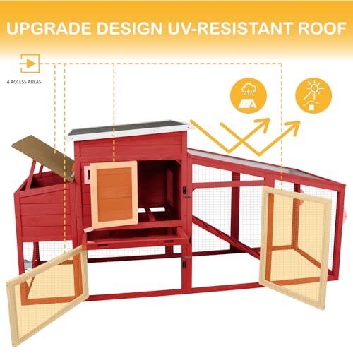 78" Wooden Chicken Coop with Nesting Wheels,Outdoor Mobile Hen House Poultry Pet House with Wheels,Removable Tray,UV Proof Asphalt Roof,Ramp Run for Backyard Garden(White/Red)