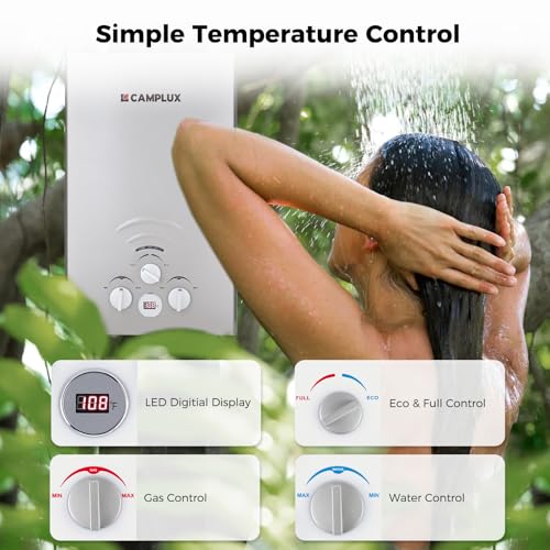 CAMPLUX 2.64 GPM Propane Portable Gas Water Heater, 68,000 BTU Outdoor Tankless Camping Water Heater with Digital Display, White