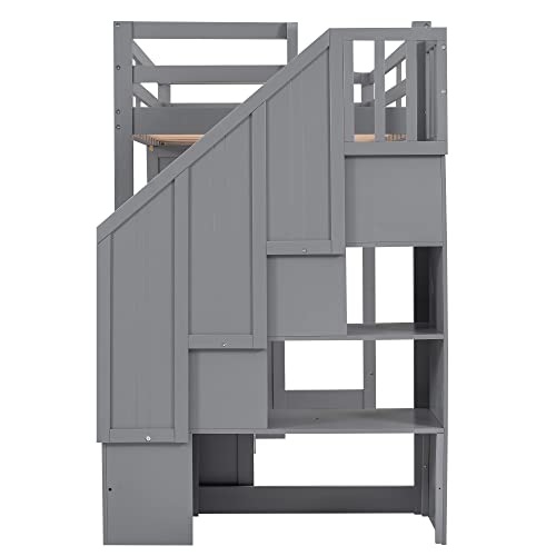 Harper & Bright Designs Twin Size Loft Bed with Desk and Stairs, Solid Wood Loft Bed Frame with Storage and Slat Support, for Kids Teens Adults (Espresso)