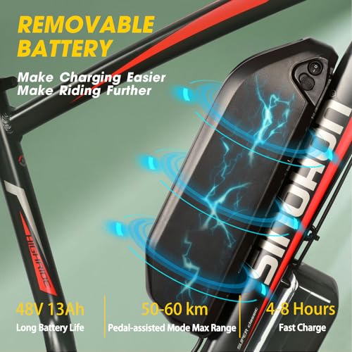 Electric Mountain Bike 26'' Fat Tire Electric Bicycle with 750W Motor and Shimano 21-Speed for Adults, 48V 13Ah Lithium Battery, All-Terrain Fat Tires, 26'' Wheel Size