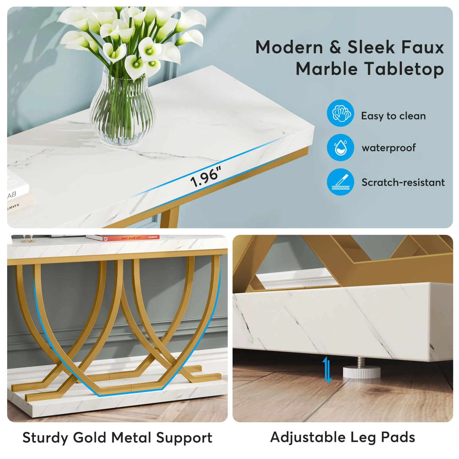 Tribesigns 59" Console Table with Gold Base, Faux Marble Entryway Table Behind Sofa Couch for Living Room, Hallway, White & Gold