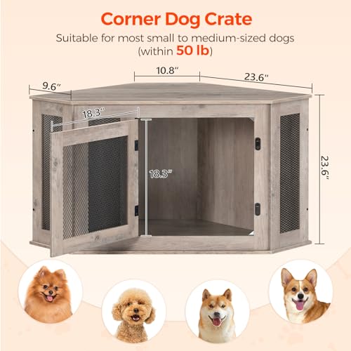 Corner Dog Crate Furniture, Wooden Dog Kennel End Table, Decorative Pet Crate Indoor Use, Furniture Style Dog House for Small Medium Dog, Dog Cage TV Stand, Greige and Black DCHG0801