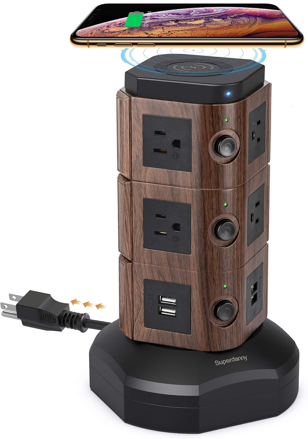 Power Strip Tower, SUPERDANNY Surge Protector Tower with 15W Magnetic Wireless Charger, 1050J, 13A Charging Station with 12 AC Outlets & 6 USB Ports, 6.5ft Extension Cord for Home Office, Gold Pack of 2