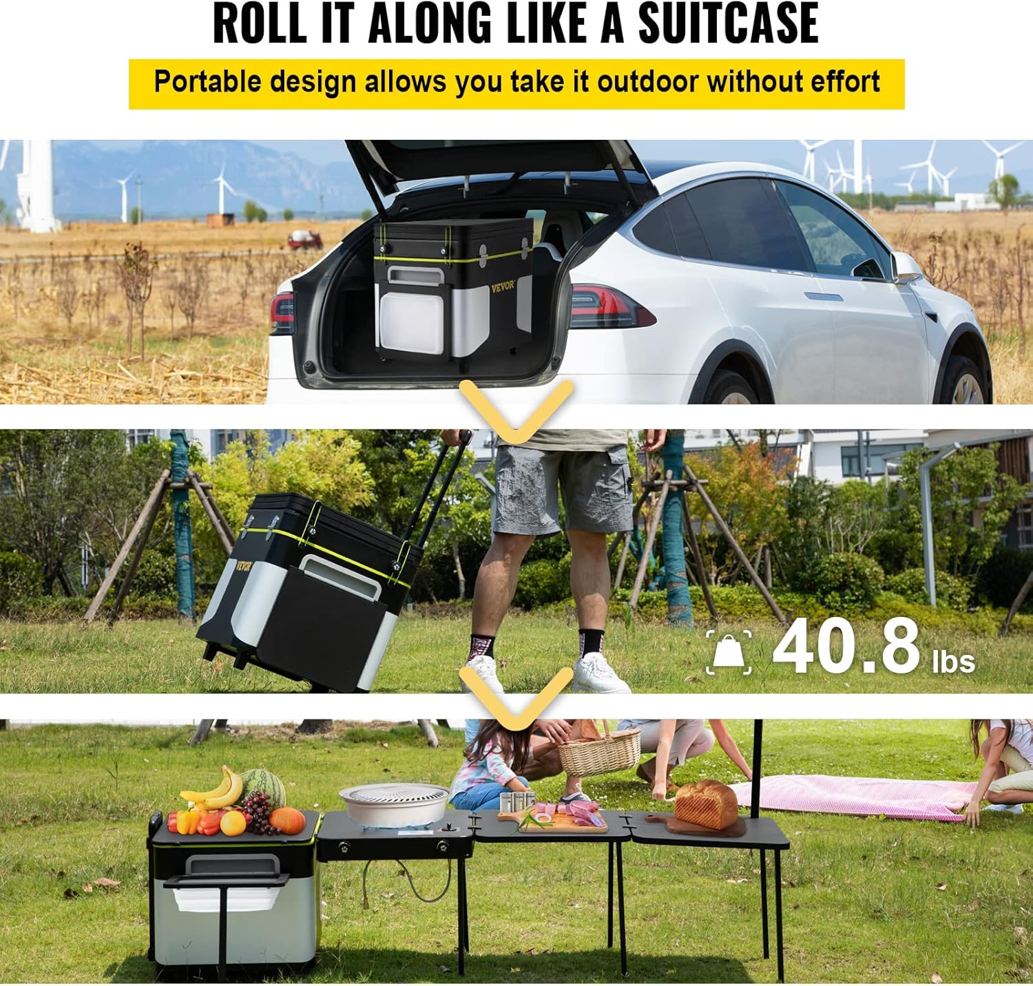 VEVOR Camping Kitchen, Outdoor Cooking Station Multifunctional Integrated Box with Wheels & Windproof Stove Portable Folding Tables Storage Organizer, for Picnic BBQ Beach Traveling, Black