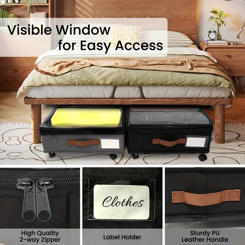2-Pack Under-Bed Storage Bins with Wheels &amp; Clear Window, Adjustable Height Large Capacity Organizers for Clothes, Shoes, Blankets &amp; Toys