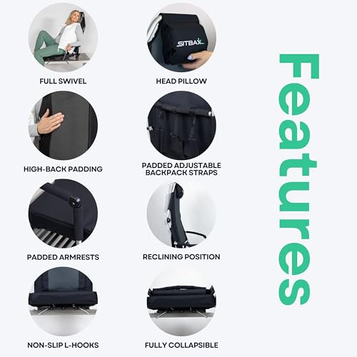 Padded Bleacher Seat – The Ultimate Reclining Stadium Chair with Full Back & Neck Support and 360° Swivel – Lightweight, Foldable, and Portable with Backpack Straps - Patent Pending