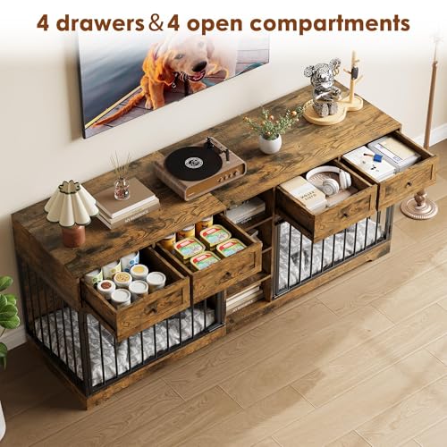 GarveeHome 82” Double Dog Crate Furniture, Large Dog Kennel Indoor for 2 Dogs, Heavy Duty Wooden Dog Crate TV Stand with 4 Drawers and Shelves, White