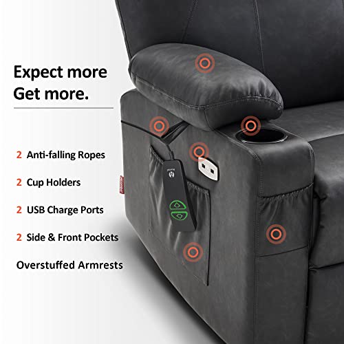 MCombo Power Lift Recliner Chair for Elderly, Lift Chair with Heat and Massage, FSC Certified, USB Ports, Cup Holders, Faux Leather 7040 (Black, Medium)