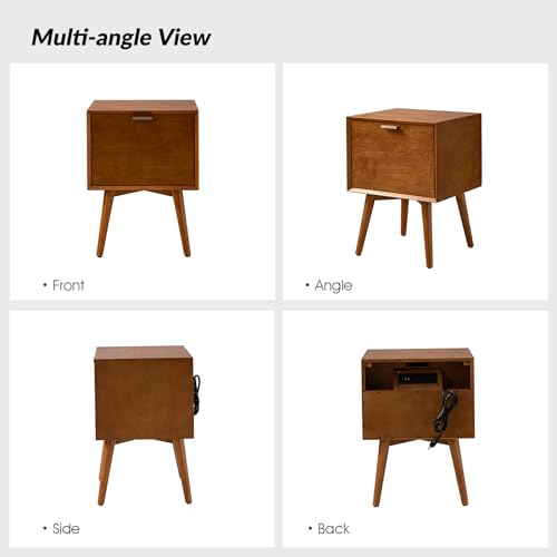 HULALA HOME Nightstand with Charging Station, Mid-Century Modern Nightstands, Wood Night Stand with USB Ports and Outlets for Bedroom, Acorn