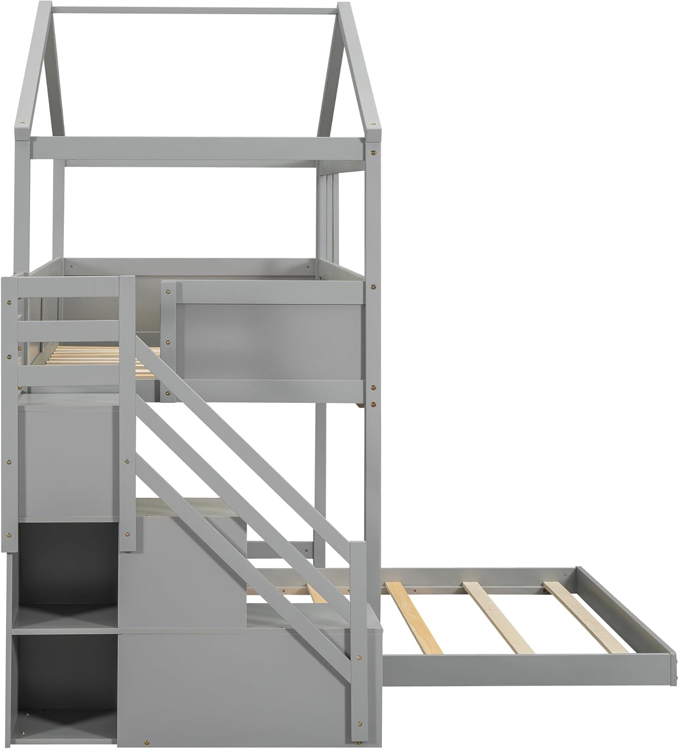 L-Shaped Twin Over Full House Bunk Bed with Storage Stairs and Blackboard, Wood Playhouse Bunk Beds with Roof and Guardrails for Kids Boys Girls Teens, Gray