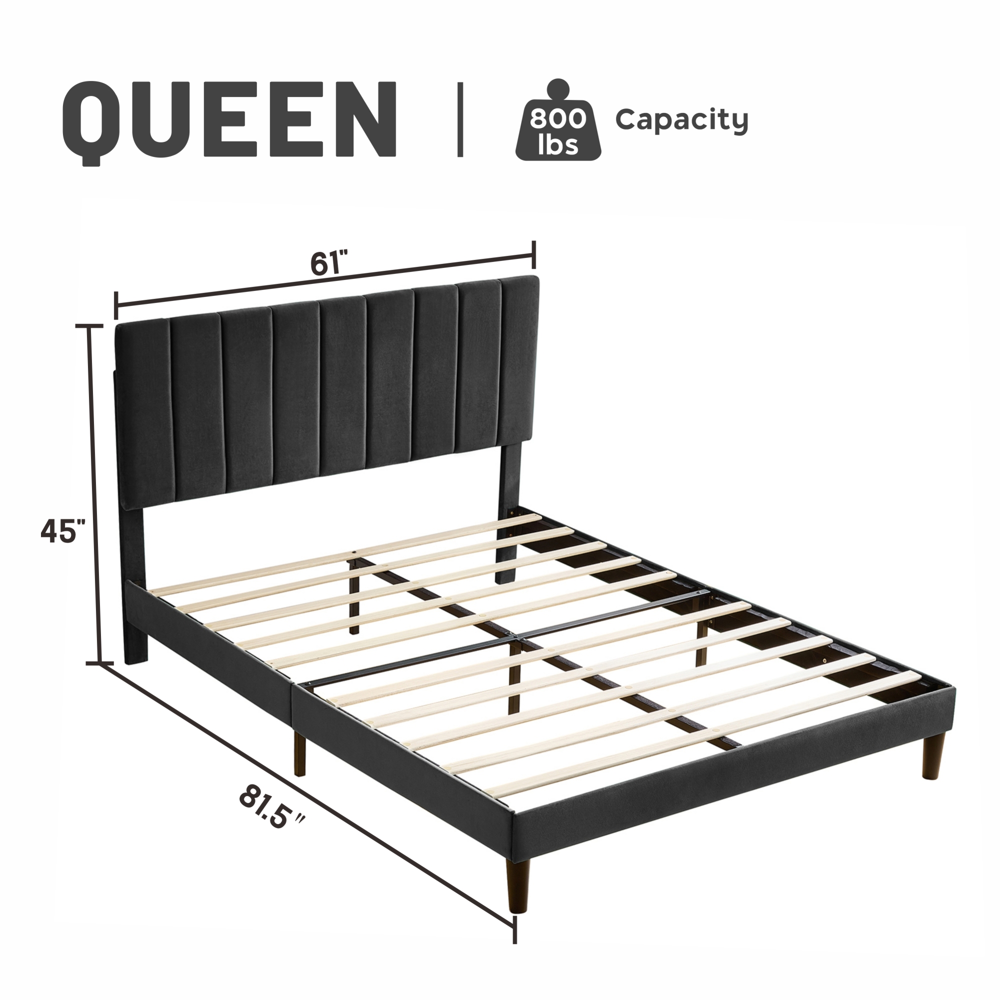 Queen Size Black Platform Bed with Upholstered Headboard, Heavy Duty Mattress Foundation, Easy Assembly