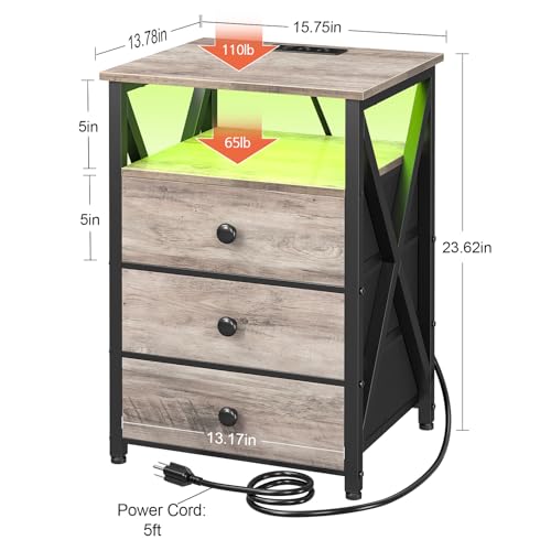 AMHANCIBLE Night Stand Set 2, LED Nightstand with Charging Station, End Side Tables with USB Port & Outlet, Bedside Table with Fabric Drawers for Bedroom Living Room, Dark Grey, HET053LDG