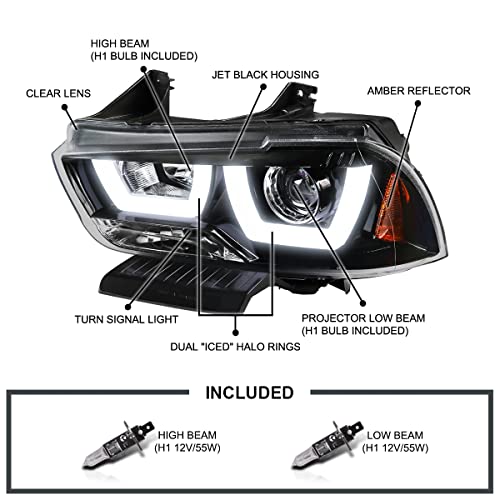 SPEC-D TUNING Chrome LED Dual Halo Projector Headlights Compatible with 2011-2014 Dodge Charger, Left + Right Pair Headlamps Assembly