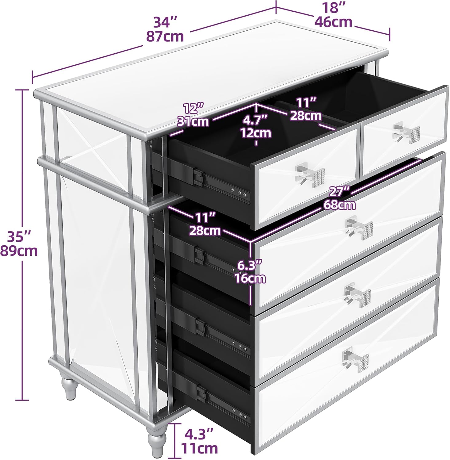 DWVO Silver Mirrored 5 Drawer Dressers for Bedroom, 35" Accent Chest with Drawers, with 5 Storage Drawers and Wood Legs, Fully Assembled Mirrored Nightstand for Bedroom, Living Room