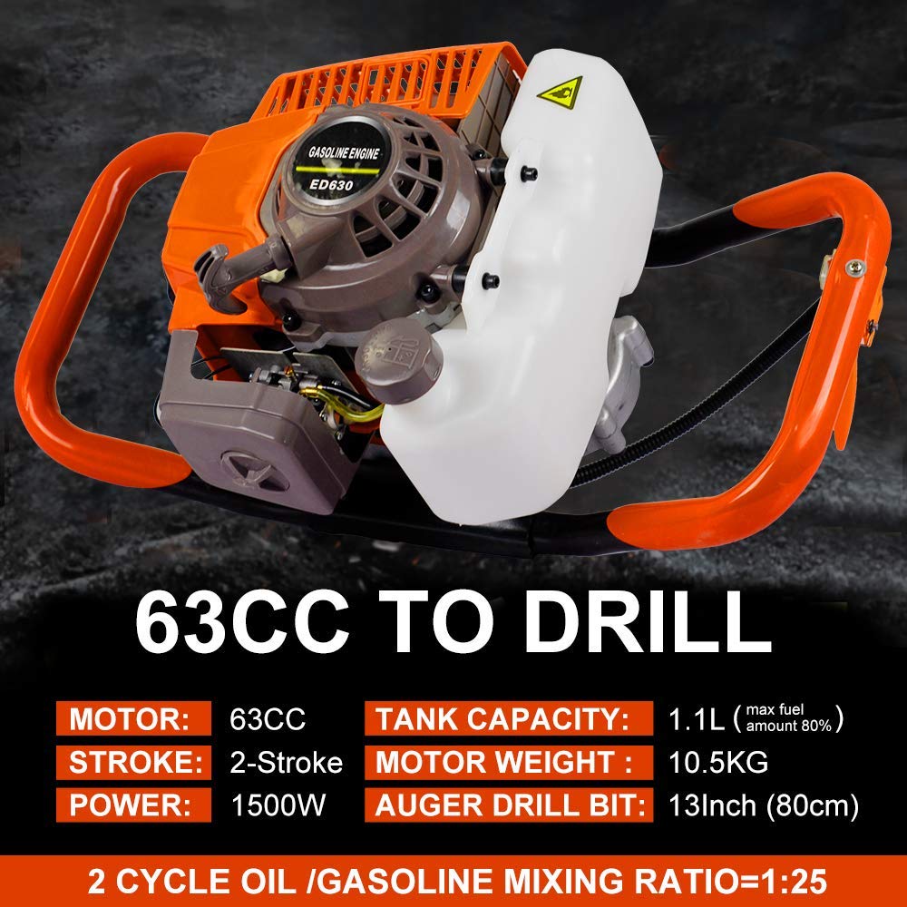 DC HOUSE 63CC 3.4HP 2 Stroke Gas Powered Auger Post Hole Digger with 2 Earth Auger Drill Bits 6" & 10" + 3 Extension Rods for Farm Garden Digging/Drilling/Planting (Subcontract delivery)