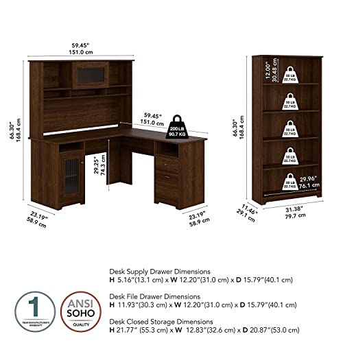 Bush Furniture Cabot 60W L Shaped Computer Desk with Hutch and 5 Shelf Bookcase in White