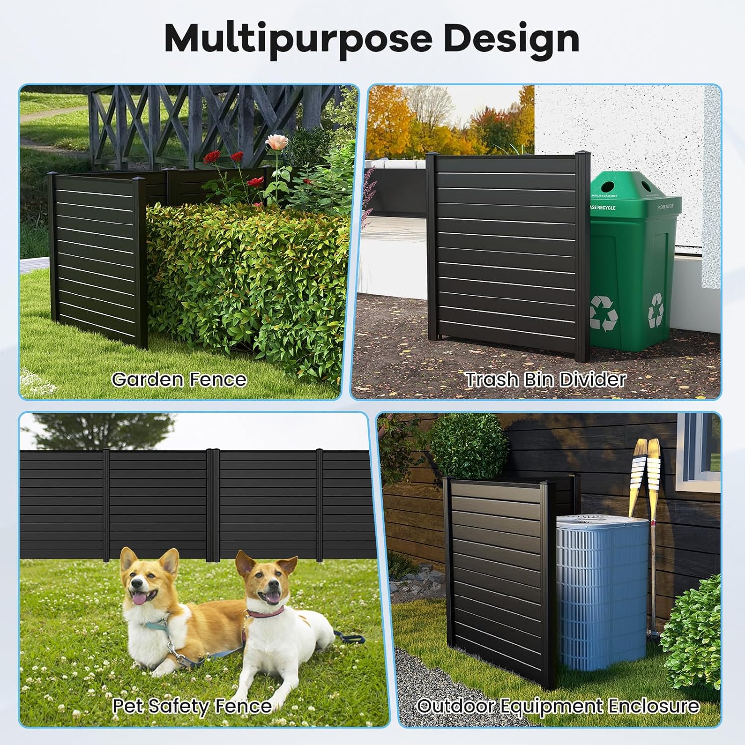 Happygrill Air Conditioner Fence, 2-Panel Outdoor Privacy Fence Screen w/Metal Ground Stakes, 48''L x 48''H Freestanding Trash Can Pool Equipment Enclosure, PVC Fence Panels for Garden Yard, Black