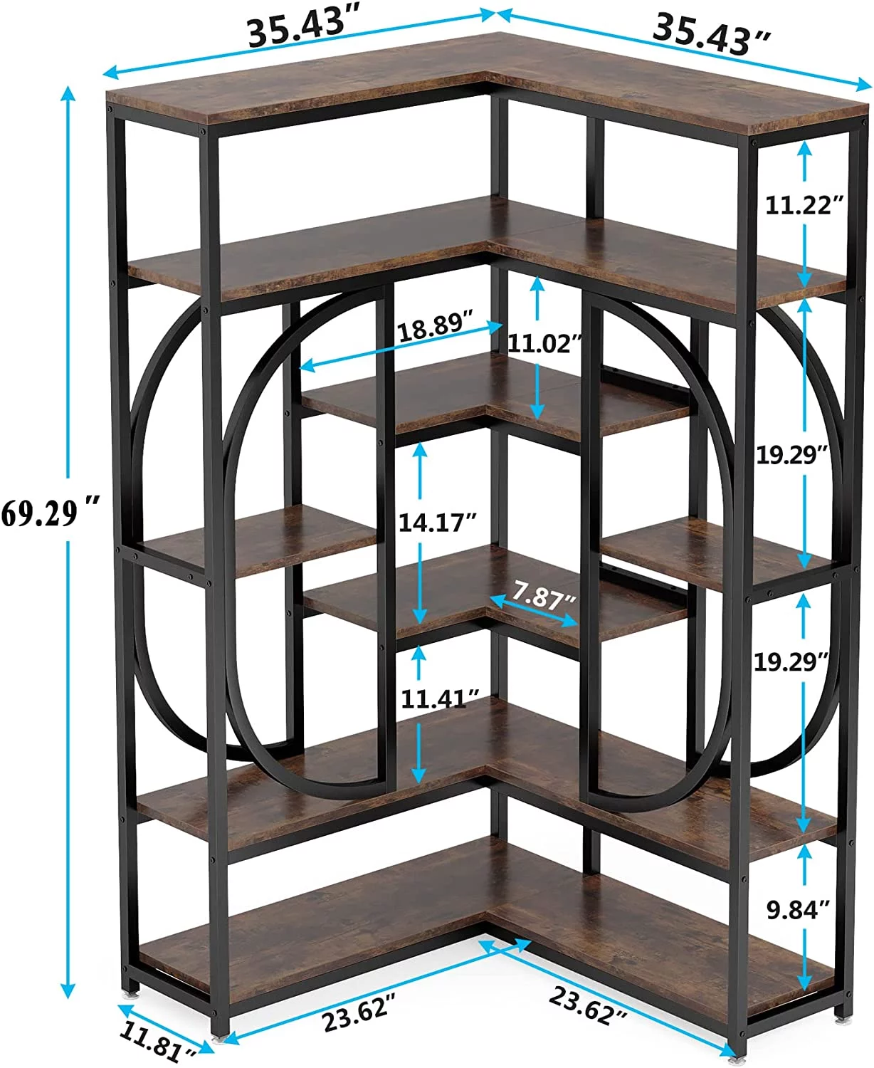 Tribesigns L Shaped Corner Bookshelf, Large 7 Shelf Corner Bookcase Display Rack for Home Office, Rustic Brown & Black
