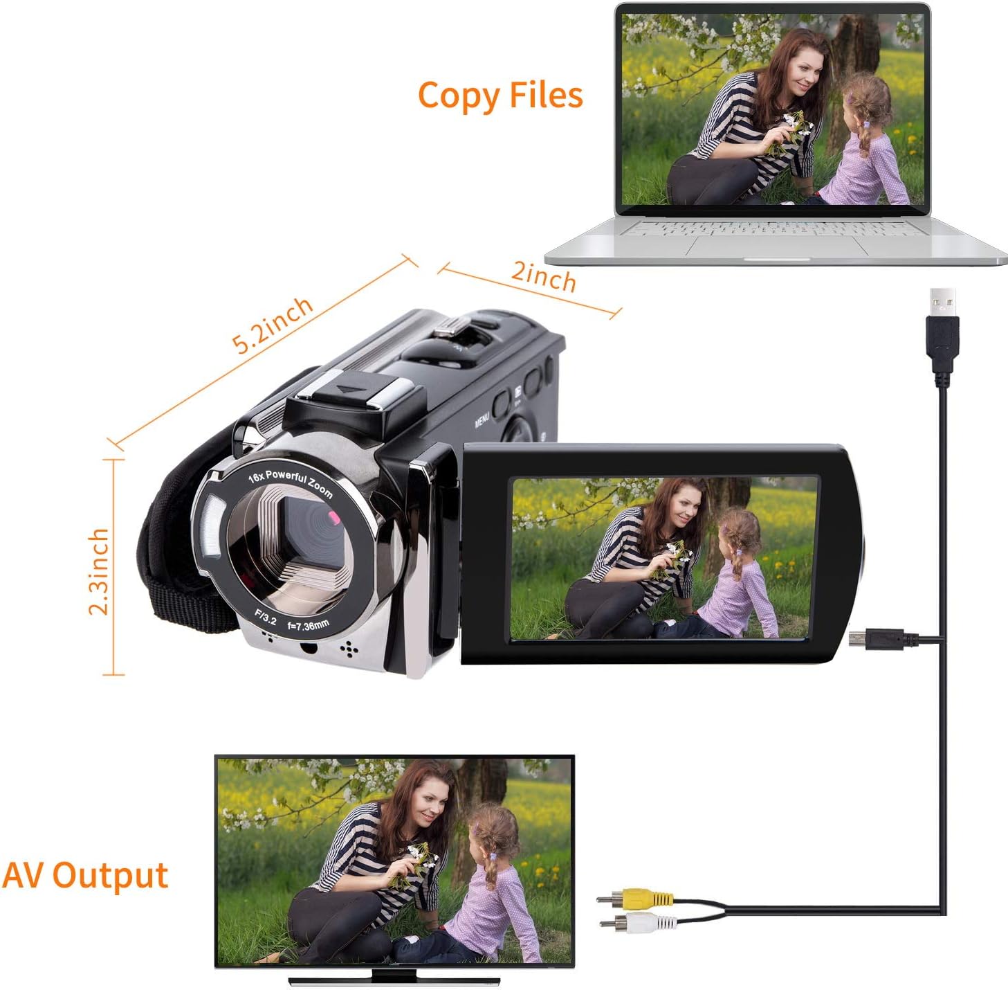 Video Camera Camcorder Digital Camera Recorder kicteck Full HD 1080P 15FPS 24MP 3.0 Inch 270 Degree Rotation LCD 16X Zoom Camcorder with 2 Batteries(604s) Pack of 2
