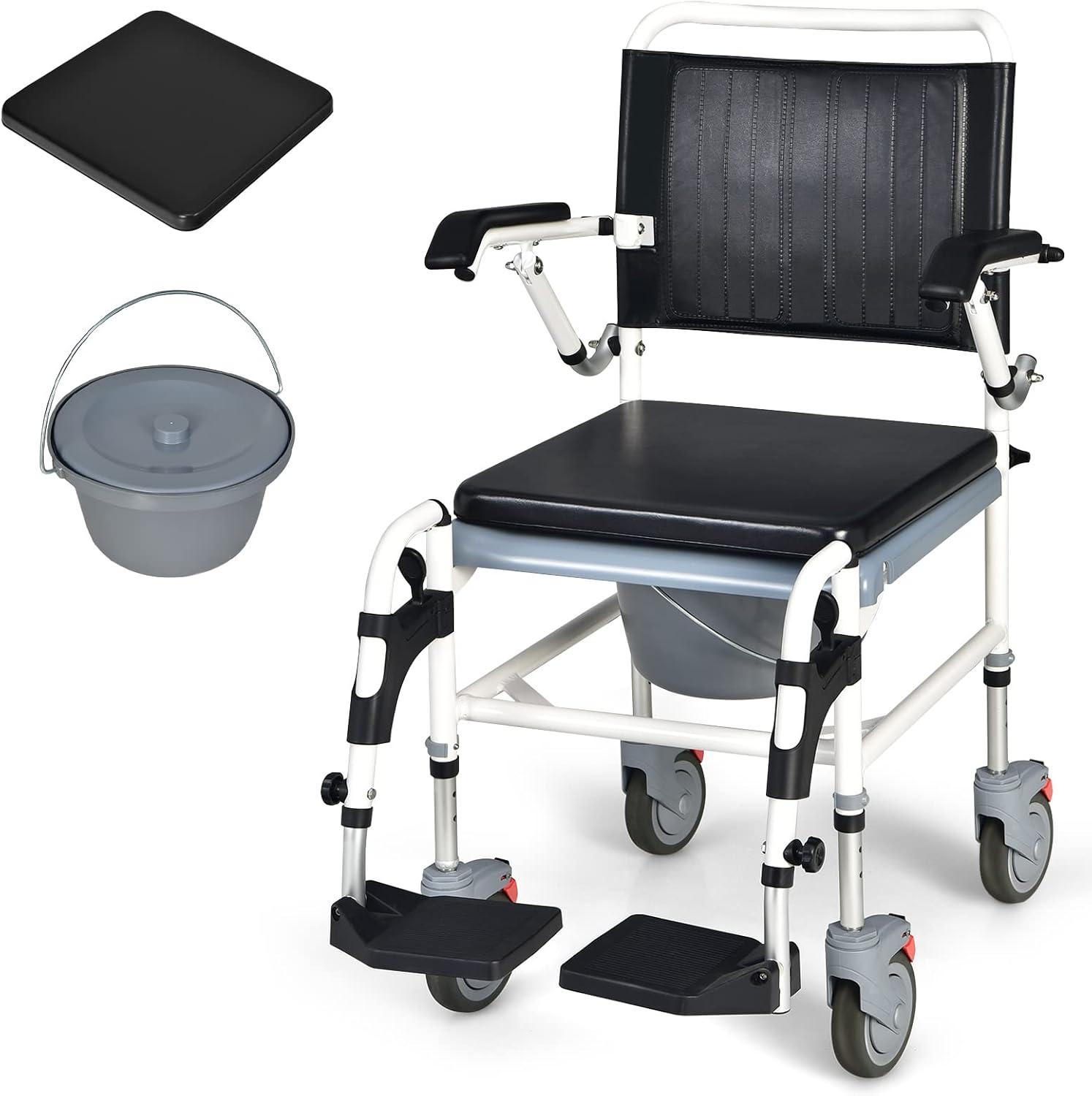 Giantex 4-in-1 Bedside Commode Shower Wheelchair, Commode chair for Toilet with Arms, 4 Lockable Wheels, Detachable Bucket, Height Adjustable & Flip-up Footrest, Padded Mobile Toilet Chair