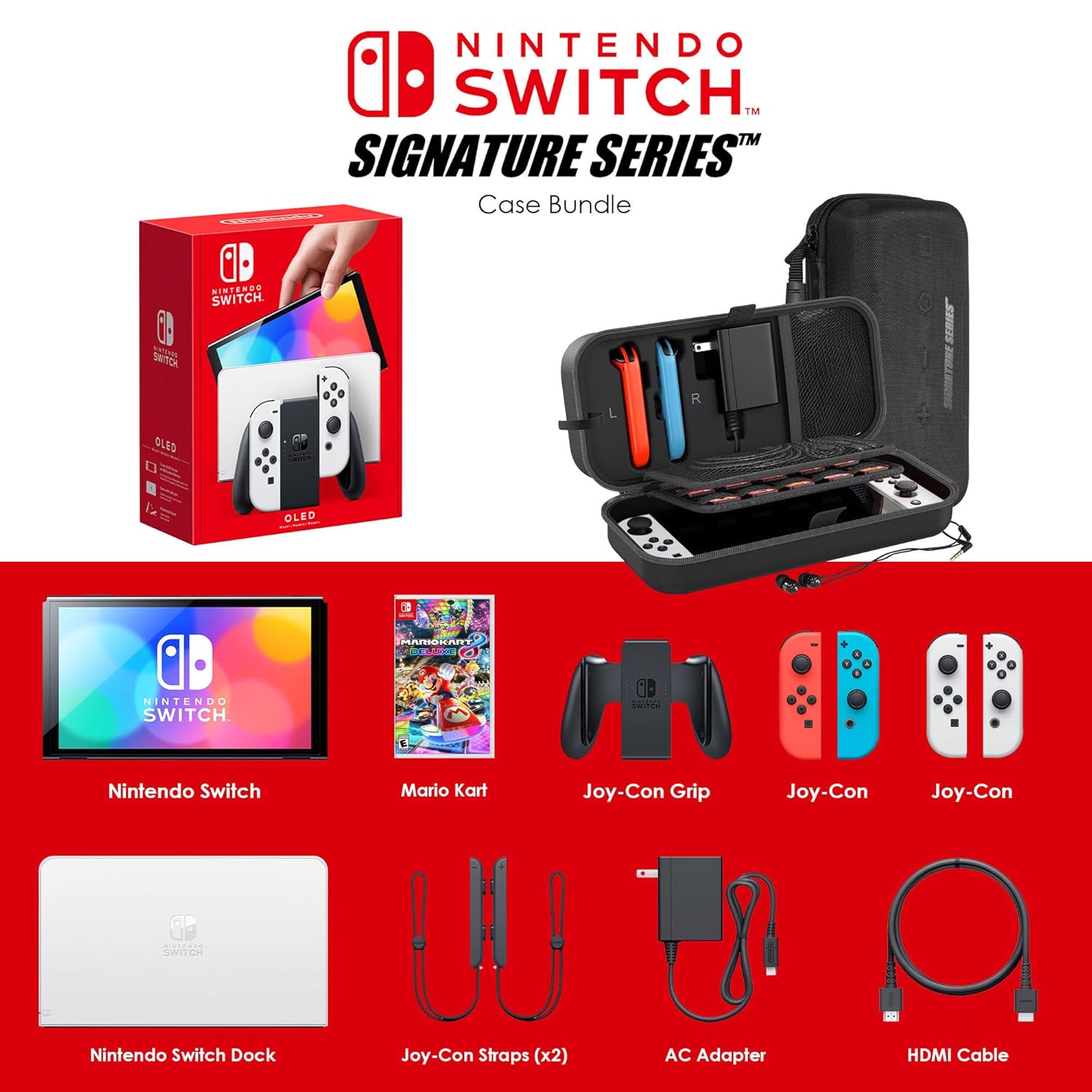 Nintendo Switch OLED Model (White) Mario Kart 8 Deluxe Bundle | Includes Extra Joy-Con (Red/Blue), Dock, Joy-Con Grips and Straps | With Signature Series Portable Case and Earphones
