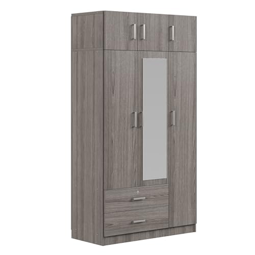 6-Door Armoire Wardrobe Closet with Mirror, 2 Drawers Wooden Armoire Closet Cabinet for High Storage Capacity, Bedroom Armoires with 1 Hanging Rod 41.3" L x 19.5" W x 81.1" H