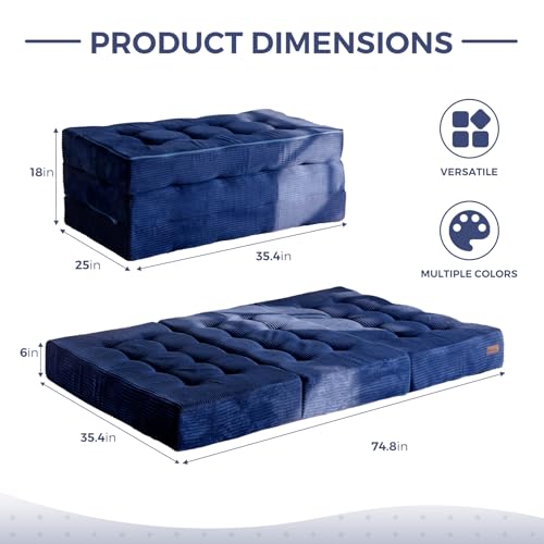 MAXYOYO Tri-Fold Mattress, 6 Inch Tufted Folding Mattress Full Foam Bed, Foldable Floor Mattress Guest Bed Mattress Topper Portable Camping Sleeping Bed with Corded Fabric, Black, 53"x75"