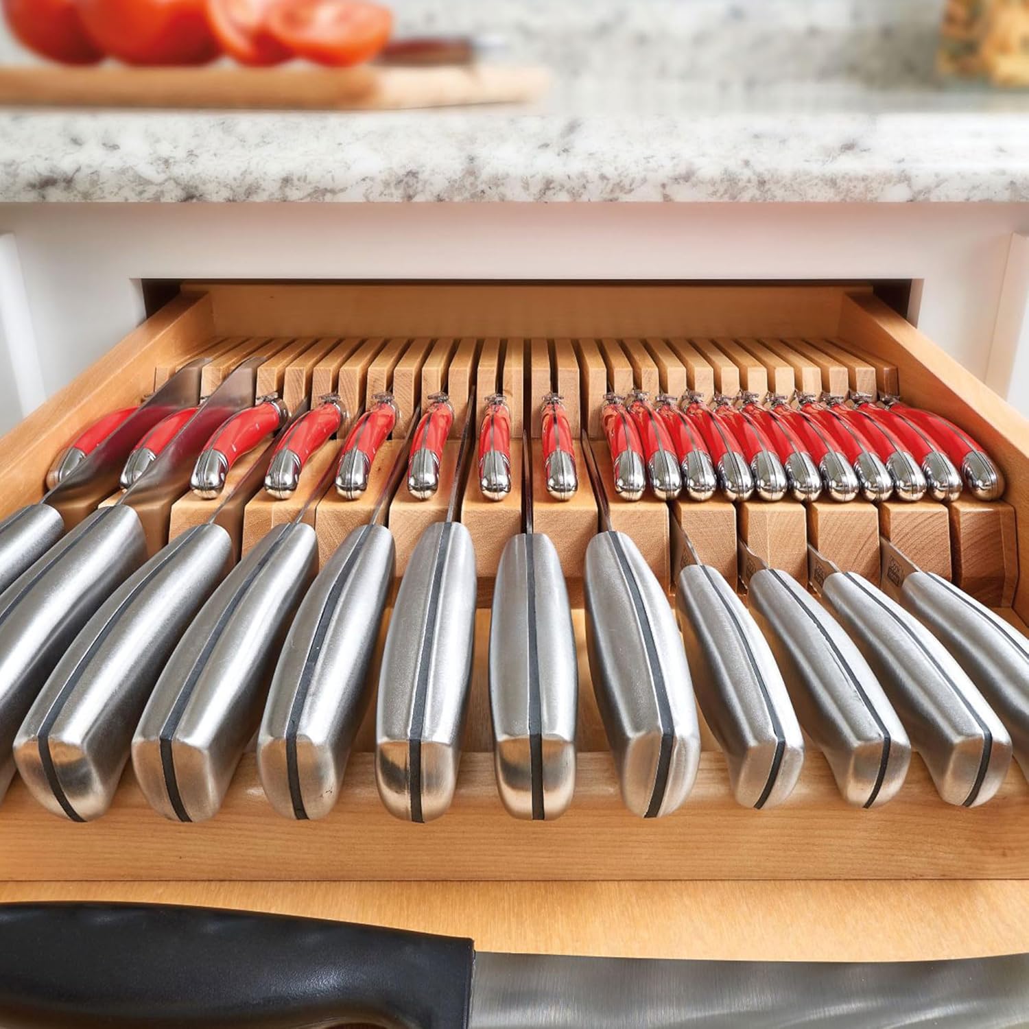 Rev-A-Shelf Dual Row Trim To Fit Knife Block Drawer Organizer with Storage Holder for Kitchen Utensils, 55 Slot Cutlery Tray, Wood, 4WDKB-1