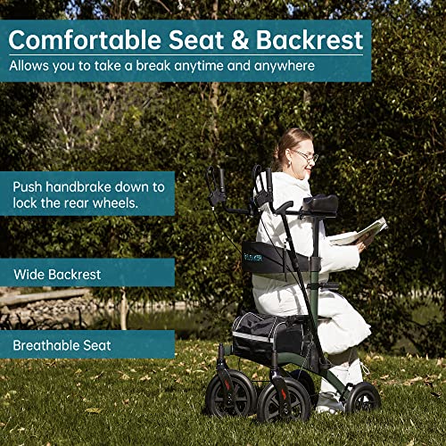 ELENKER All-Terrain Upright Rollator Walker, Stand up Rolling Walker with Seat, 12” Non-Pneumatic Tire Wheels, Compact Folding Design for Seniors, Green