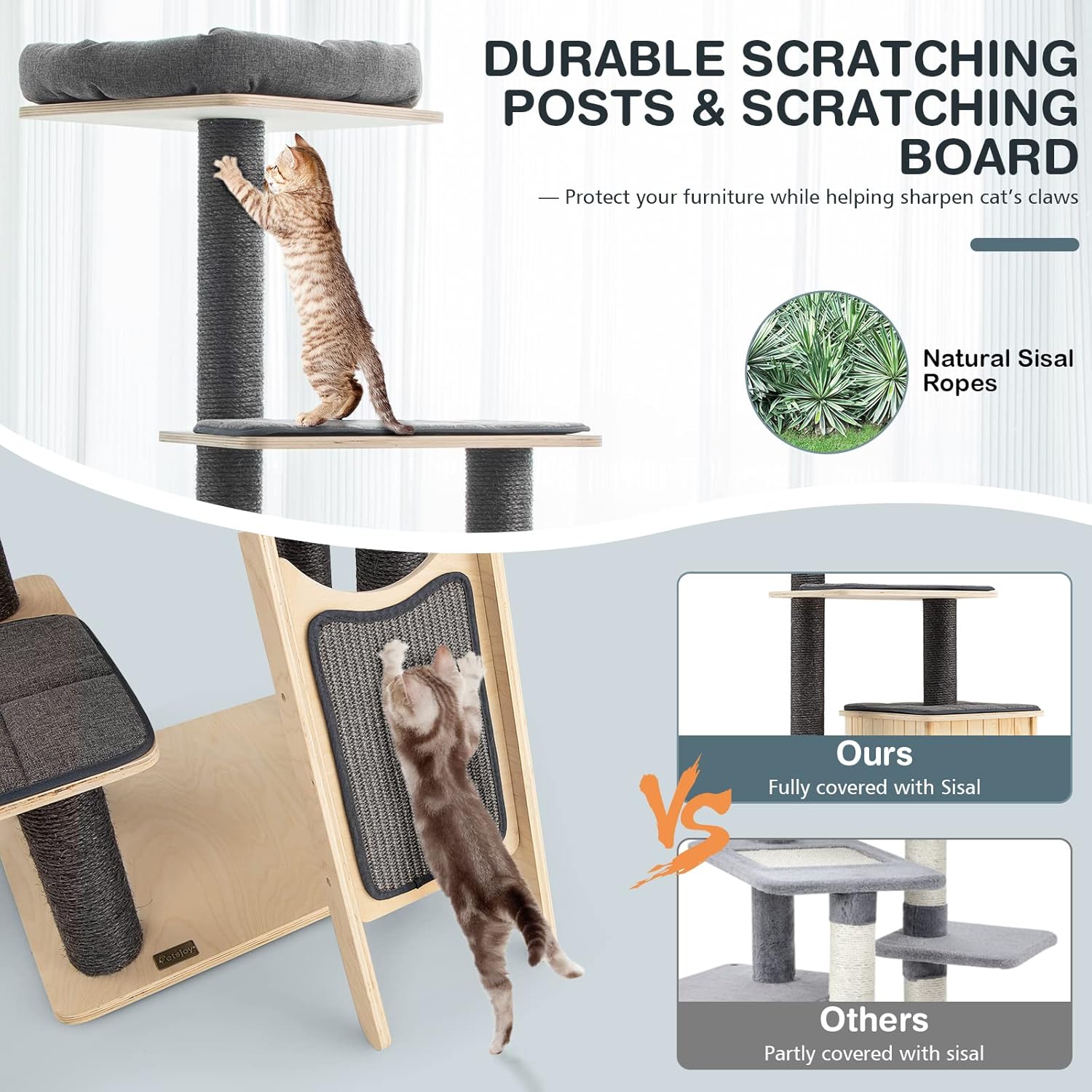 PETSITE 69" Tall Wooden Cat Tree Tower, Modern Cat Activity Center Tree with Sisal Posts & Scratch Board, Condo & Top Perch for Kitchen & Large Cat, Grey