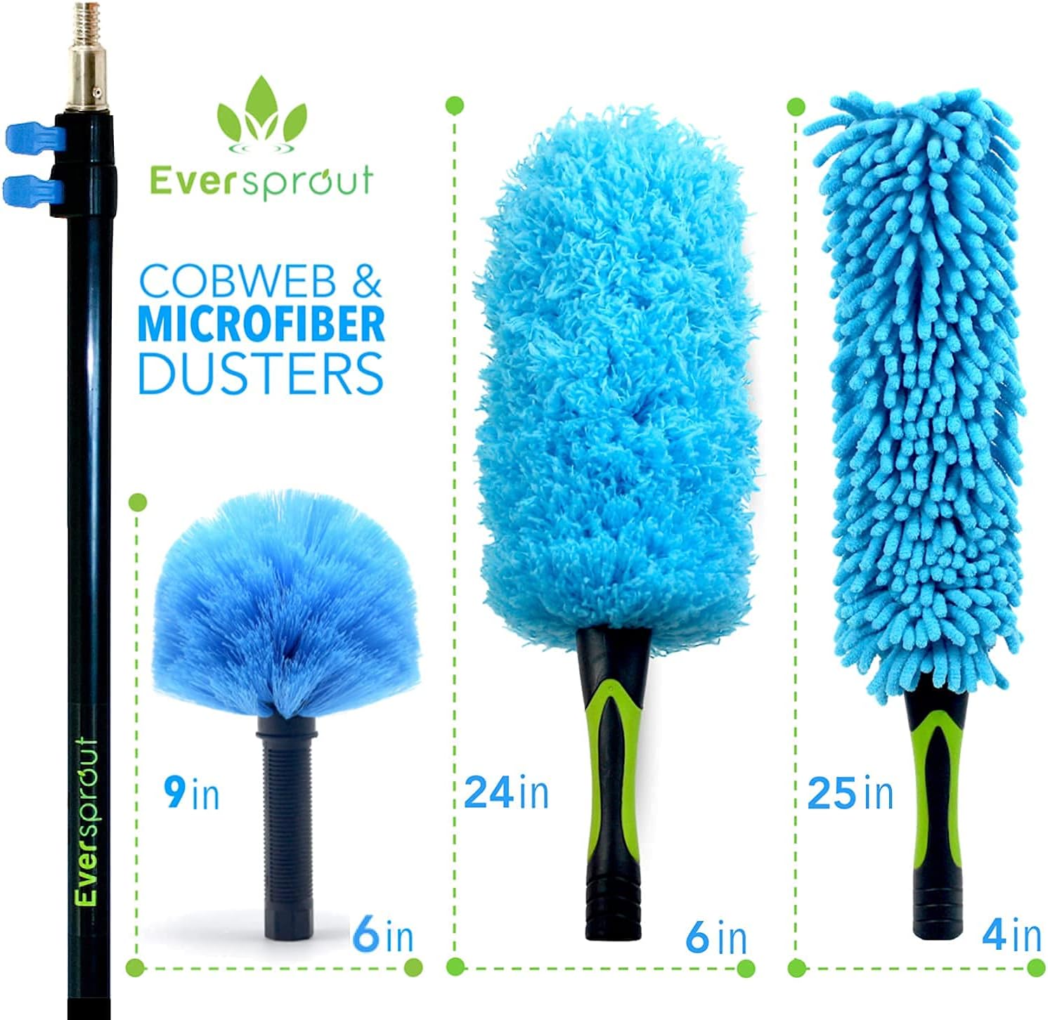 EVERSPROUT 7-to-20 Foot Extension Pole Total Kit (25+ Ft Reach) | Telescopic Pole, Scrub Brush, Light Bulb Changer, Hook, Swivel Squeegee, 3x Microfiber Dusters (Cobweb, Flexible Ceiling Fan, Feather)