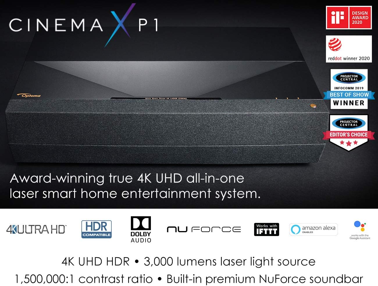 Optoma CinemaX P1 4K UHD Laser TV Home Theater Projector | Bright 3000 Lumens | Ultra Short Throw | Integrated NuForce Soundbar | Stream Netflix and Prime Video | Works with Alexa and Google Assistant