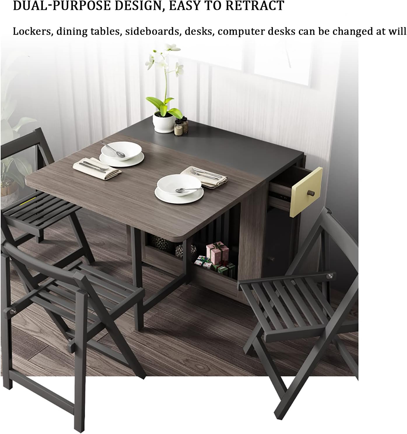 Folding Dining Table Set, Mobile Drop Leaf Dining Kitchen Table with 4 Chairs, Wood Simple Storage Table with 2 Wheels for Kitchen Dining Room Living Room Family Gathering.