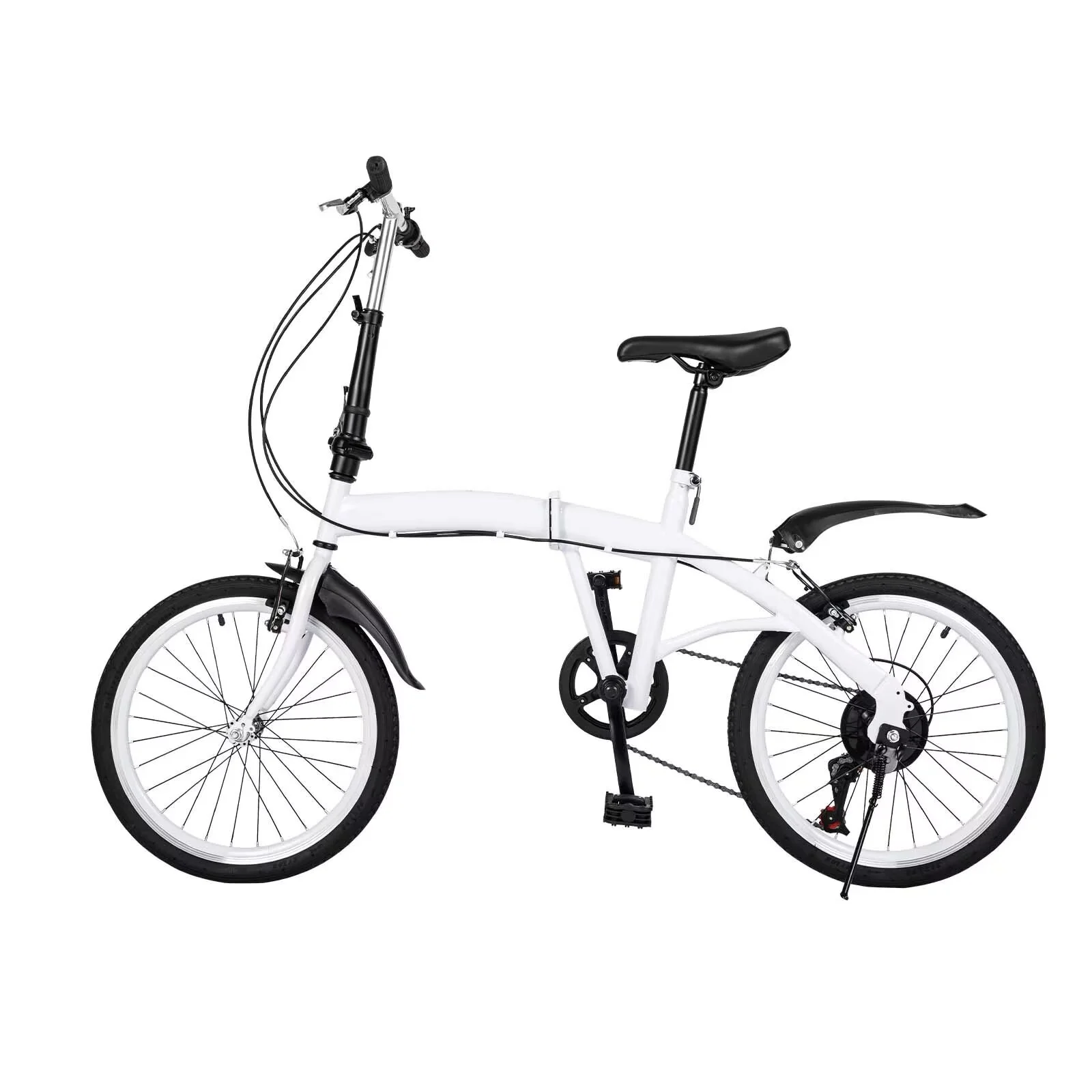 OUKANING 20" White Folding Bike Height Adjustable Foldable City Bike for Adult Commute Bicycle 6 Speed Gears with Mudguard